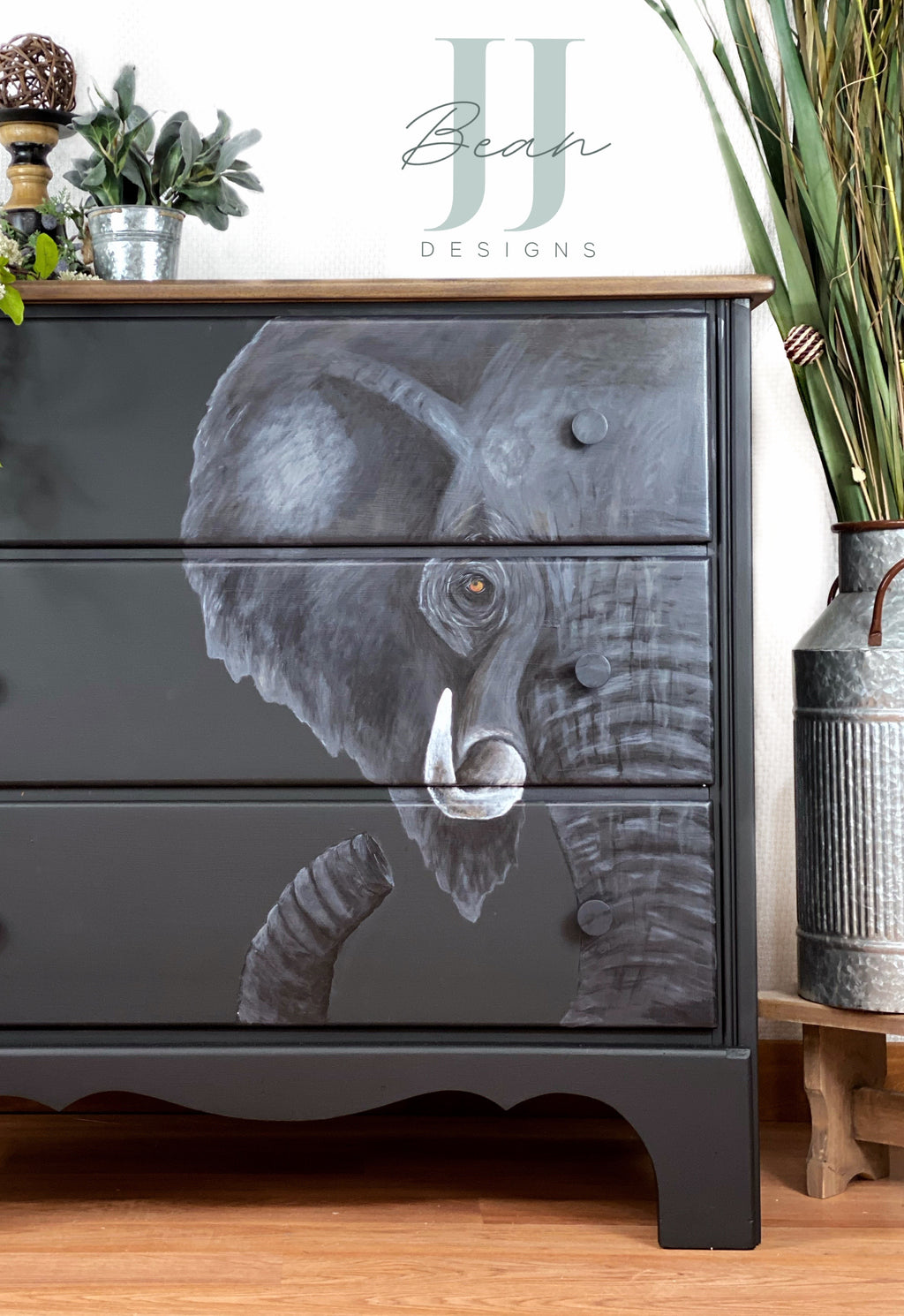 Custom Available- Eloise the Handpainted Elephant Dresser | Black and Grays Handpainted Dresser - JJ Bean Designs